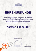 Urkunde der Handwerkskammer Potsdam für Tätigkeit im Fortbildungsprüfungsausschuss CNC-Fachkraft